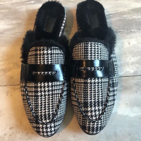 J.Crew Academy faux fur Loafer mule shoe slide in size 8 black white